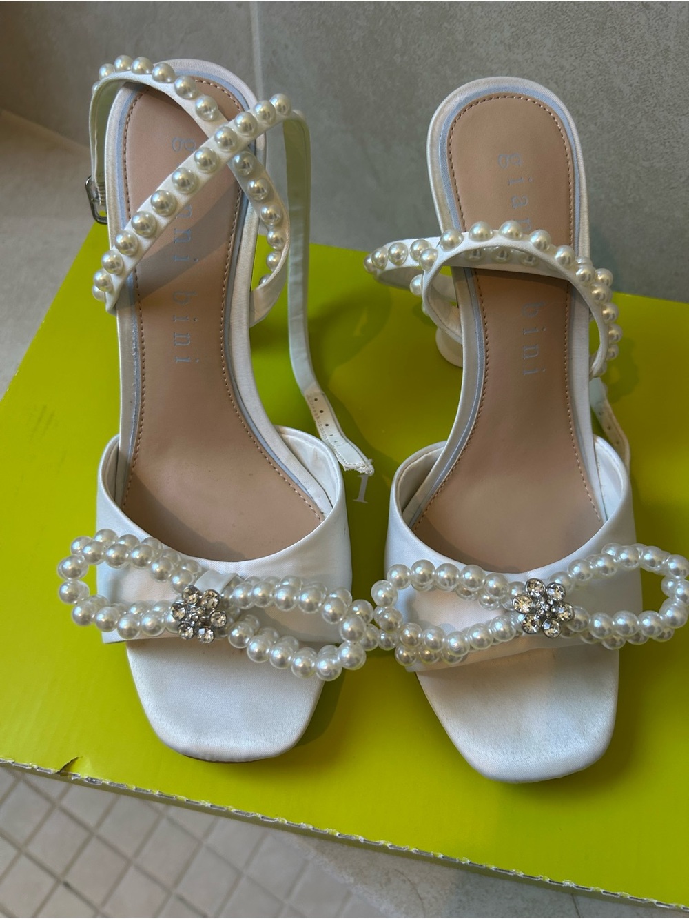 Gianni Bini White Satin Pearl-Embellished Heeled Sandals